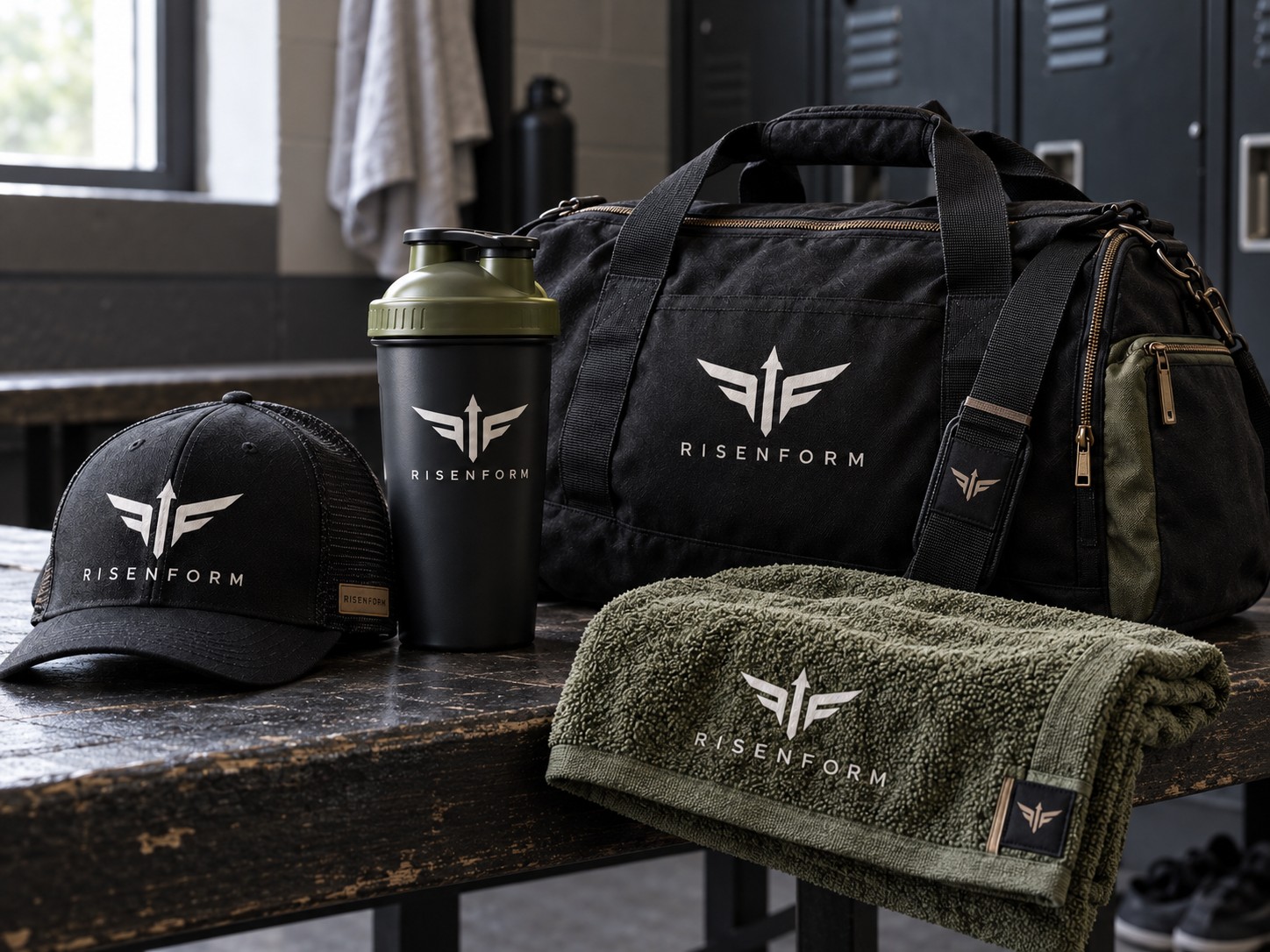 Risenform concept duffel, cap, shaker and olive towel