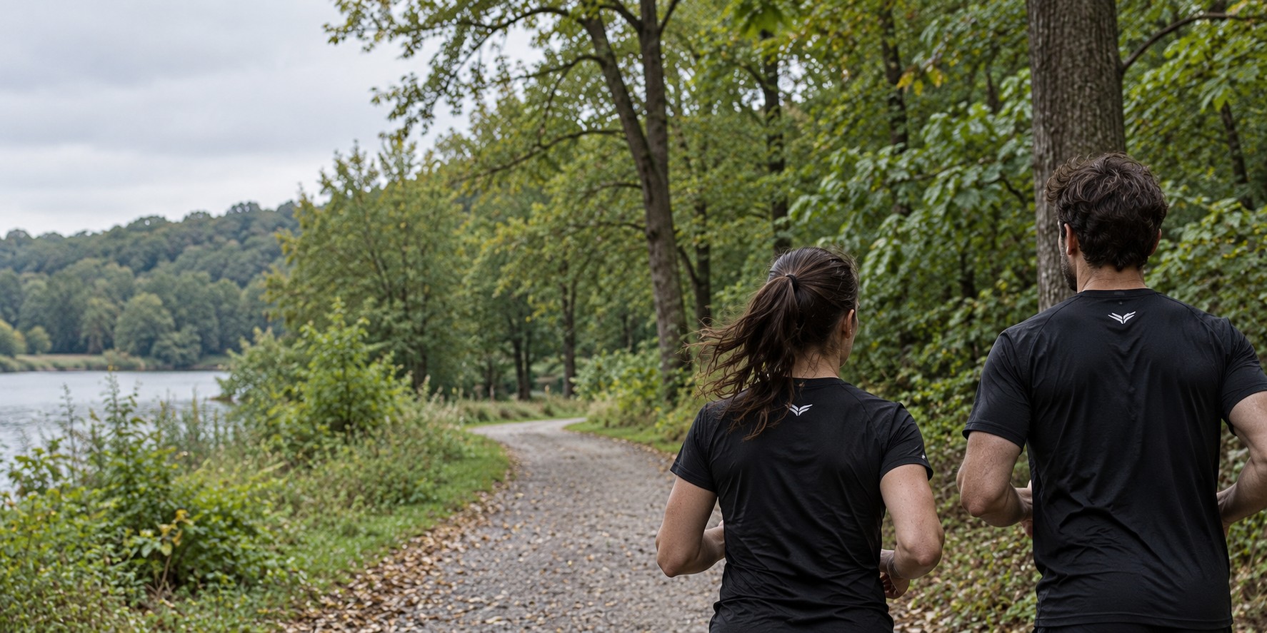 Two runners, framed from head to waist from behind, on a wooded lakeside path in soft daylight