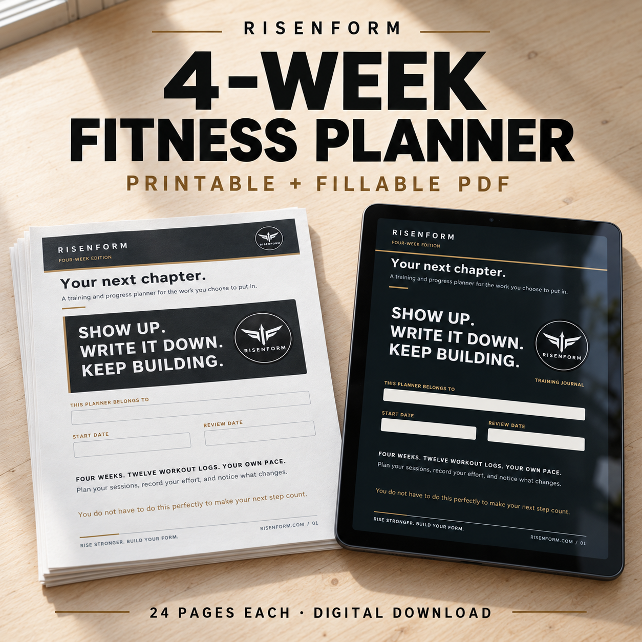Risenform printable planner sheets and fillable PDF shown on a tablet; digital download
